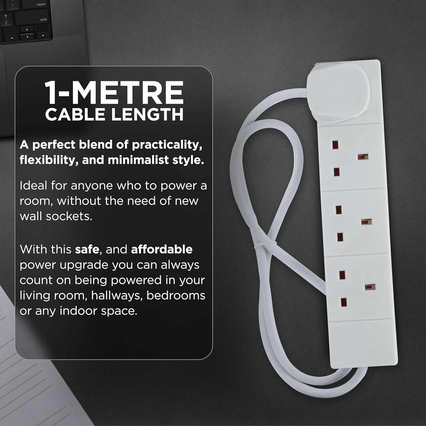 STATUS 4 Way Socket Extension Lead, 1M Cable Multi-Plug Power Strip for Home & O