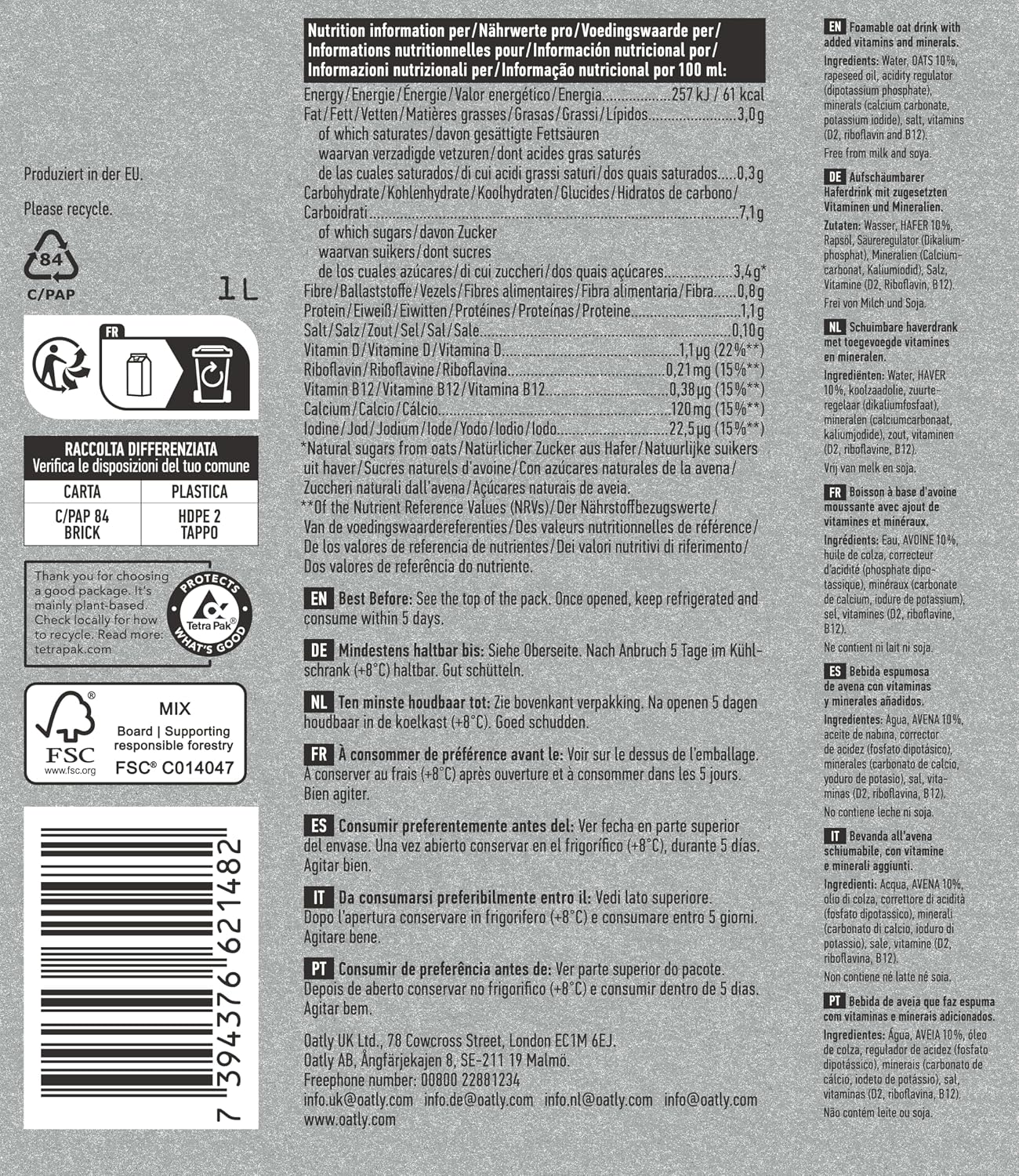 Oatly Barista Oat Drink Long Life 6x1Litre